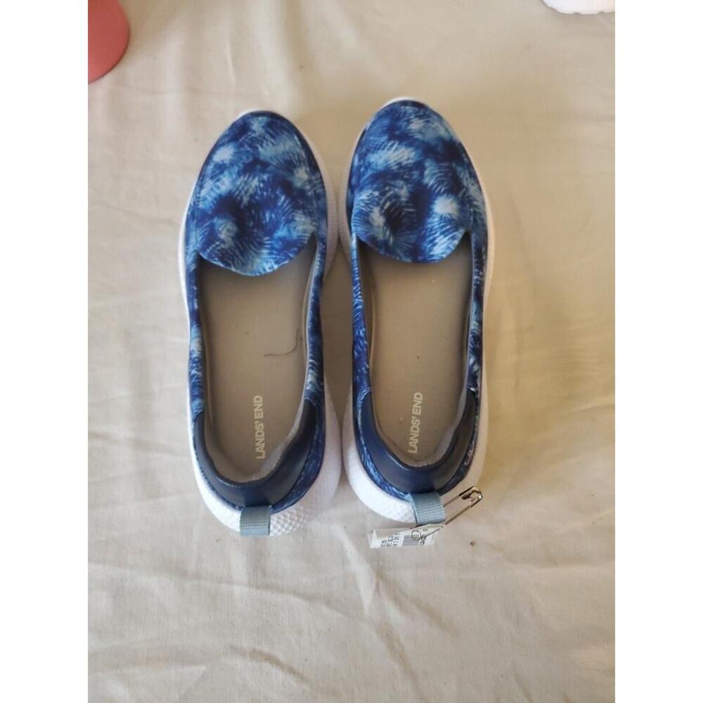 Lands End Womens Gatas Comfort Shoes Blue Moc Toe Wedge Heels Slip On 6